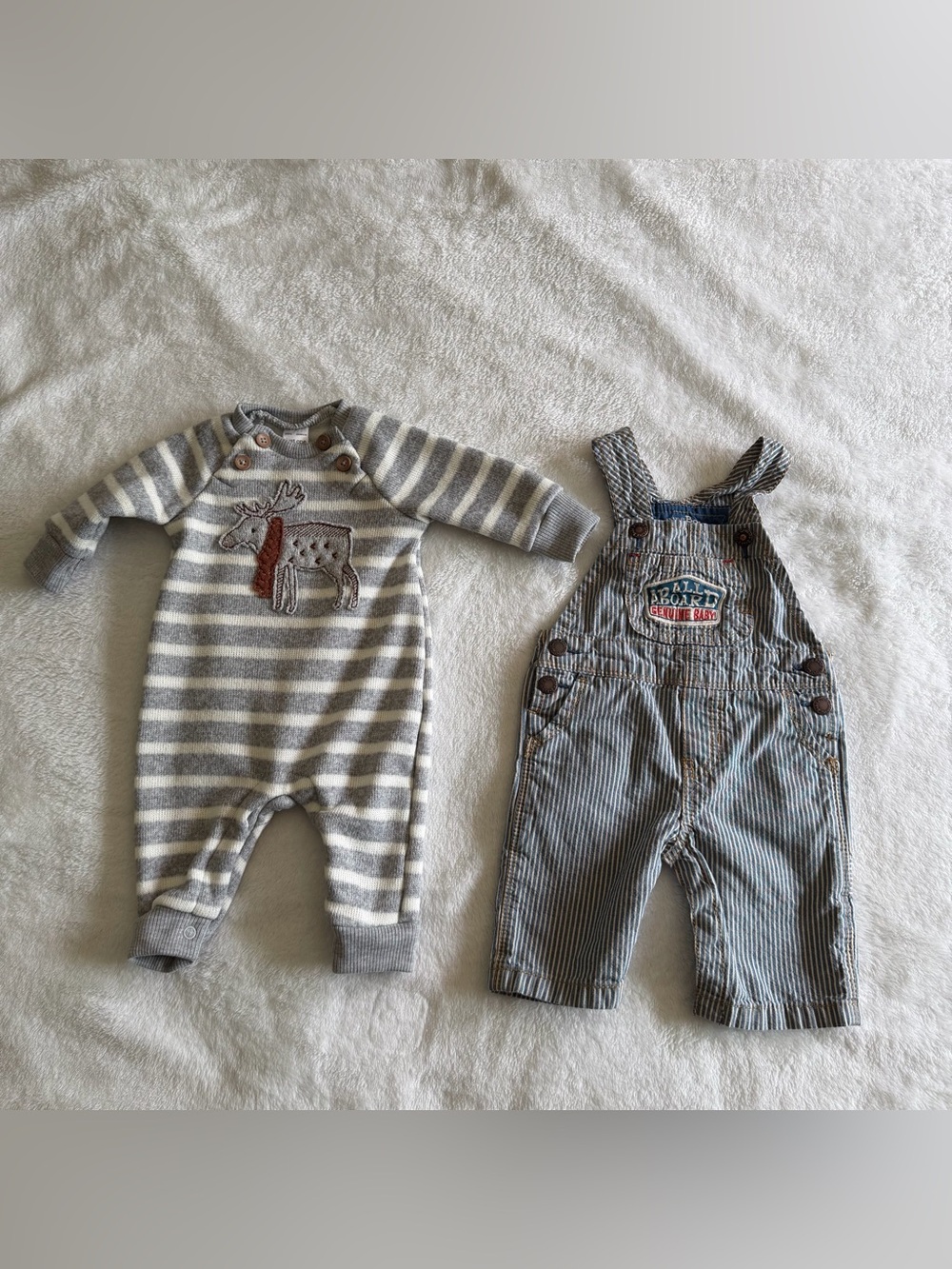 Carter's Gray & White Striped  Romper with Moose + Oshkosh Striped Overalls Set